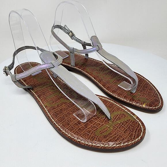 Sam Edelman Gigi Sandal Size 10M Iridescent T-Strap Toe Post Leather Flats Grey - Picture 2 of 11